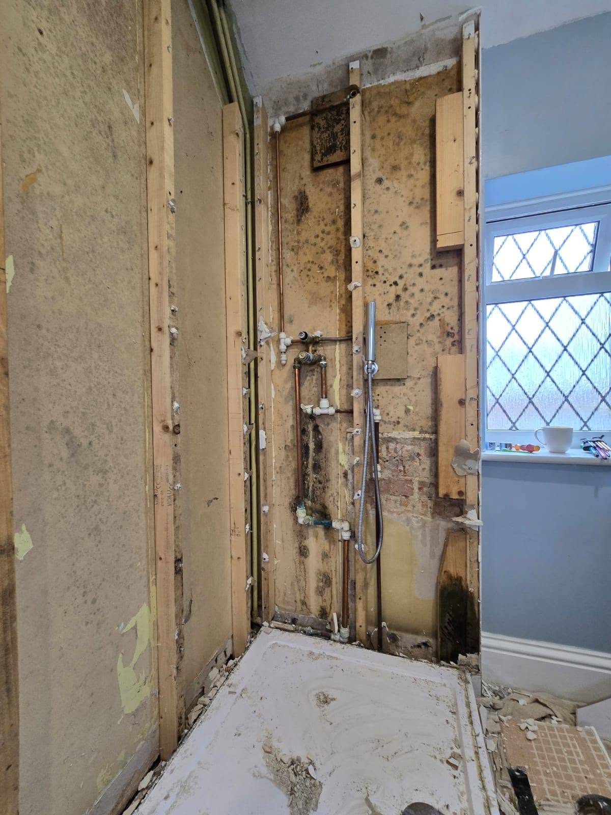 Stripped back: The old shower out, right back to the studs.